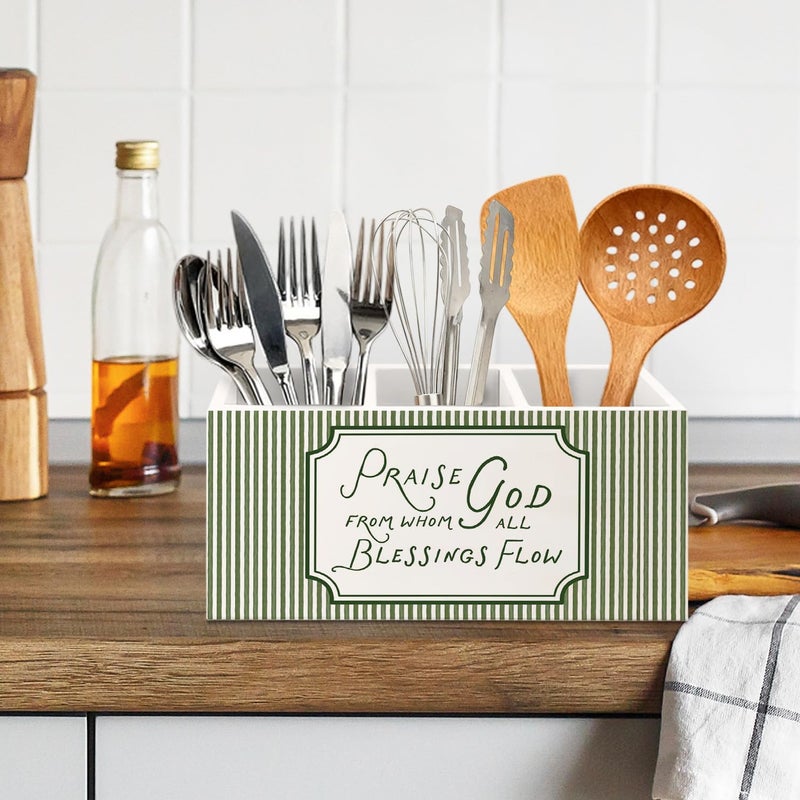 KBRCT Praise God from Whom All Blessings Flow Christian Wooden Utensils Holder, Green Striped Bible Verse Wood Cooking Utensil Holder Organizer for Kitchen Countertop Counter Decor - Image 5